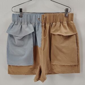 Fabletics Anastasia Cargo Shorts Medium Tan And Blue Drawstring Stretch Waist